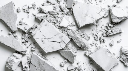 Poster - Broken Fragments of Concrete on a White Background, Displaying Texture and Detail, Ideal for Construction, Architecture, or Abstract Concepts in Design Projects