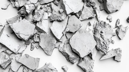 Poster - Detailed Close-up of Textured Gray Rock Fragments on a White Surface, Perfect for Backgrounds, Textures, and Natural Pattern Decorations in Designs and Crafts
