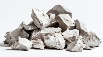 Poster - A Detailed Close-Up of Piled Crushed White Rocks on a Simple White Background Ideal for Texture, Material, and Natural Elements Stock Photography
