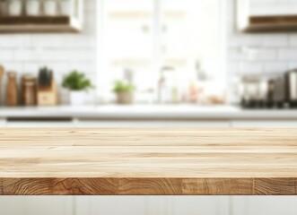 Wall Mural - Empty wooden table in front of a blurred kitchen background.