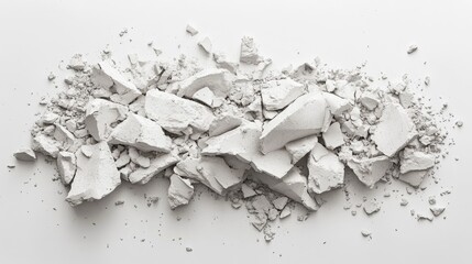 Poster - Fragmented White Plaster Pieces Spread on a Plain Surface, Highlighting Textures and Irregular Shapes for Creative Projects and Artistic Backgrounds