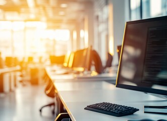 Canvas Print - A modern office workspace with a computer monitor, keyboard, and mouse on a desk in front of a blurred background of other desks and a window.