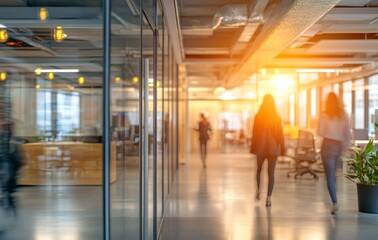 Aufkleber - Blurred view of modern office space with people walking through corridor towards the window with sunlight streaming in.