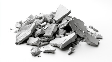 Poster - Pile of Broken Grey Plaster Fragments on a White Background, Exhibiting Varied Shapes and Textures of Crumbled Construction Material