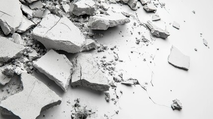 Poster - Cracked and Broken Concrete Pieces Spread on a White Surface Creating an Industrial and Raw Aesthetic for Construction and Urban Themes