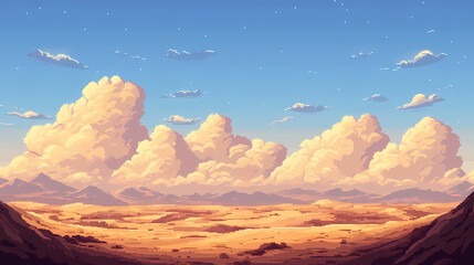 Wall Mural - Pixel art desert with cumulus clouds - pixel art background. Clouded Sunset Horizon. Illustration