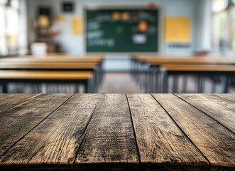 Poster - A close-up of a wooden table in a classroom with a blurred background of desks and a chalkboard.
