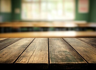 Poster - A close-up shot of a weathered wooden table in focus with a blurred classroom in the background.