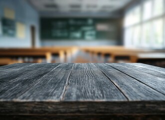 Poster - Empty wooden desk in a classroom with blurred background.
