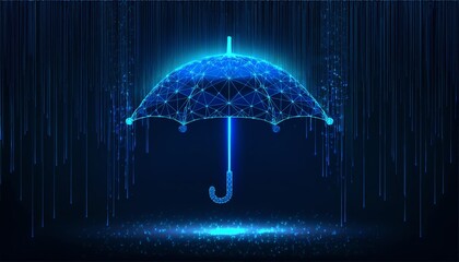 Poster - A digital umbrella symbolizing protection, surrounded by a network of glowing lines, against a dark, rainy background.