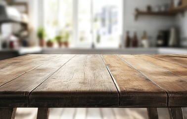 Poster - A close up view of a rustic wooden table top with a blurred background of a kitchen.