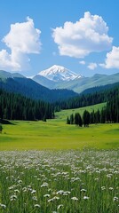 Poster - Idyllic Mountain Landscape with Blooming Wildflowers Under a Clear Blue Sky : Generative AI