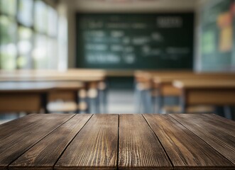 Poster - A wooden table with a blurred background of a classroom with desks and chairs.