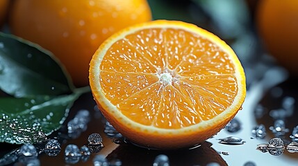 Poster - Vivid Close-Up of Fresh Orange Halved with Water Drops : Generative AI