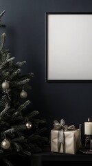 Poster - Elegant Minimalist Christmas Decor with Pine Tree and Wrapped Gift in Cozy Setting : Generative AI