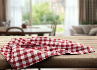 Poster - Red and white checkered tablecloth on a wooden table with a blurry background of a dining room.