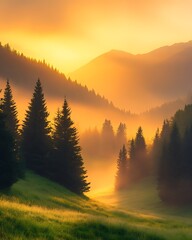 Aufkleber - Majestic sunrise in foggy mountainous forest with glowing light : Generative AI