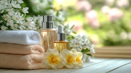 Poster - Luxurious Spa Setting with Aromatic Oils Flowers and Towels for Relaxation : Generative AI