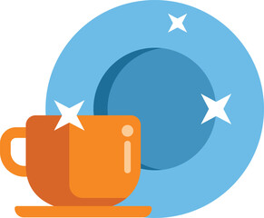 Poster - Orange coffee cup standing near clean blue plate with sparkles on white background