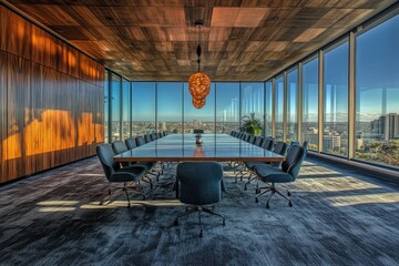 Poster - A modern conference room with large windows offering a panoramic view of the city.  The room is furnished with a long table and chairs, and the walls are decorated with wood paneling.