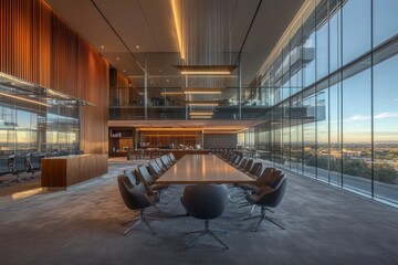 Wall Mural - A spacious boardroom with a long table, chairs, and a view of the city. The room has high ceilings, large windows, and a modern design.