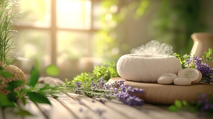 Poster - Scenic Spa Setting with Steaming Towel and Aromatic Lavender in Sunlit Room : Generative AI
