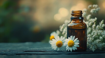 Aufkleber - Rustic Aromatherapy Setup with Brown Essential Oil Bottle and White Daisies on Wooden Surface : Generative AI
