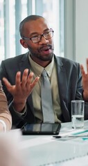 Poster - Business man, meeting and discussion of company growth, management and investment planning. Office, workshop and African professional with conversation and financial project with corporate teamwork