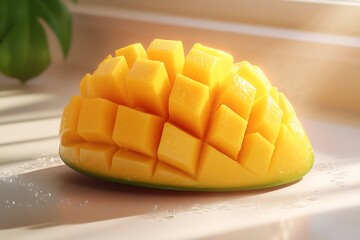 Aufkleber - Vibrant Sunlit Mango Slices Perfectly Arranged on Kitchen Counter Top : Generative AI