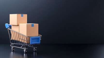 Poster - Shopping Cart with Cardboard Boxes on Dark Background ECommerce and Logistics Concept Image : Generative AI