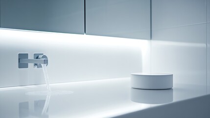 Poster - Minimalist White Bathroom Sink with Modern Faucet and Soft LED Lighting Elements : Generative AI