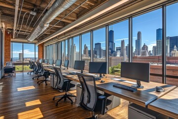 Aufkleber - Modern office interior with large windows overlooking a city skyline.