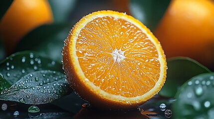 Aufkleber - Closeup of Fresh Orange Slice with Water Droplets Surrounded by Lush Green Leaves : Generative AI