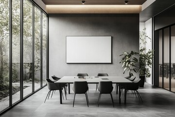 Wall Mural - Modern minimalist office with large windows, a large square table with chairs, and a blank poster on the wall.