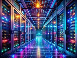 Wall Mural - Night Photography of an Advanced Server Room Showcasing Artificial Intelligence Technology in Action with Illuminated Data Servers and Dynamic Visualizations of Generative AI Processes