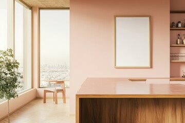 Fototapete - Modern kitchen interior with a wooden counter, a pink wall, and a large window overlooking a city skyline.  There is a poster frame hanging on the wall and a wooden chair in the corner.