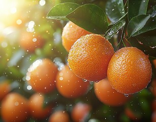 Aufkleber - Fresh Juicy Oranges on Tree with Sunlight Filtering through Leaves and Water Droplets : Generative AI