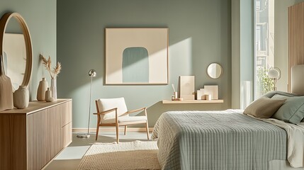 Wall Mural - Minimalist Bedroom Interior Design with Natural Tones and Stylish Decor Elements : Generative AI