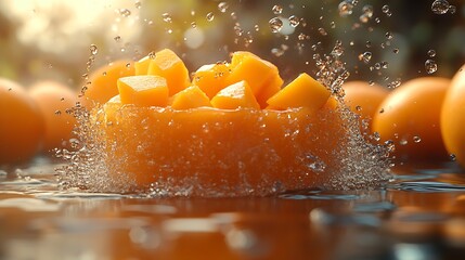 Poster - Refreshing Mango Chunks in Splashing Water with Bokeh Background : Generative AI