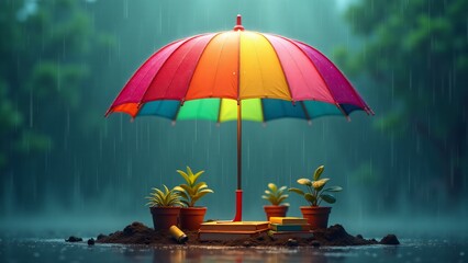 A vibrant umbrella protecting potted plants, books, and a small figurine in the rain, set in a serene forest, symbolizing growth, knowledge, and resilience in nature.