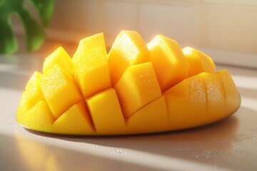 Poster - Fresh Ripe Mango Pieces Arranged Beautifully on Cutlery Kitchen Surface : Generative AI