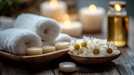 Poster - Luxurious Spa Setting with Rolled Towels Candles and Chamomile Flowers on Wooden Trays : Generative AI
