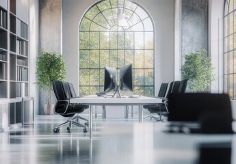 Poster - Modern office interior with large windows, desks, chairs and plants.