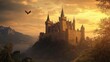 © Julio - A Majestic Castle Stands Tall on a Mountaintop, with Golden Sunset Sky Above and Birds in Flight, A Romantic Setting for a Fairytale