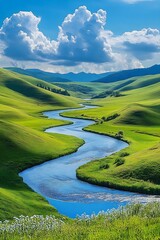 Aufkleber - Winding river cutting through vibrant green landscape below bright blue sky and cotton candy clouds : Generative AI