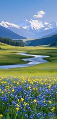 Aufkleber - Idyllic Landscape with Snowcapped Mountains and Flowers on a Tranquil Summer Day in Countryside : Generative AI
