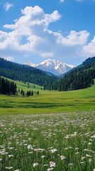 Poster - Spectacular Mountain Range with Flowering Fields Under a Vast Azure Sky : Generative AI