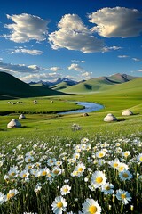 Aufkleber - Majestic River Valley with Daisy Field and Traditional Yurts in the Countryside : Generative AI