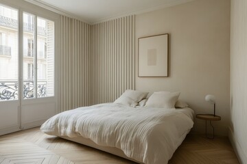 Poster - A minimalist bedroom with a large window, a bed with white linens, a side table with a lamp, and a framed print on the wall. The walls are painted in a light beige color and the floor is made of wood.