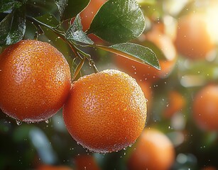 Poster - Ripe Oranges Glowing with Sunlight on Leafy Branch in Orchard Setting : Generative AI